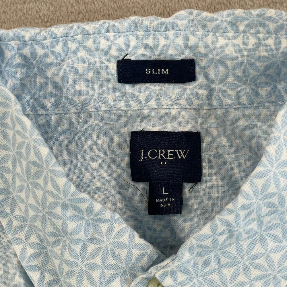J Crew Slim Fit Shirt‎ Men Large Blue Geo Print AOP Line Blend Short Sleeve NWOT